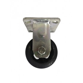 Medium duty welded fixed bracket with solid black pressed rubber wheel