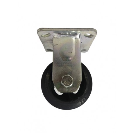 Medium duty welded fixed bracket with solid black pressed rubber wheel