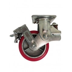Medium duty shock absorbing welded steel swivel, brake bracket with heavy duty polyurethane mould on cast iron centre wheel